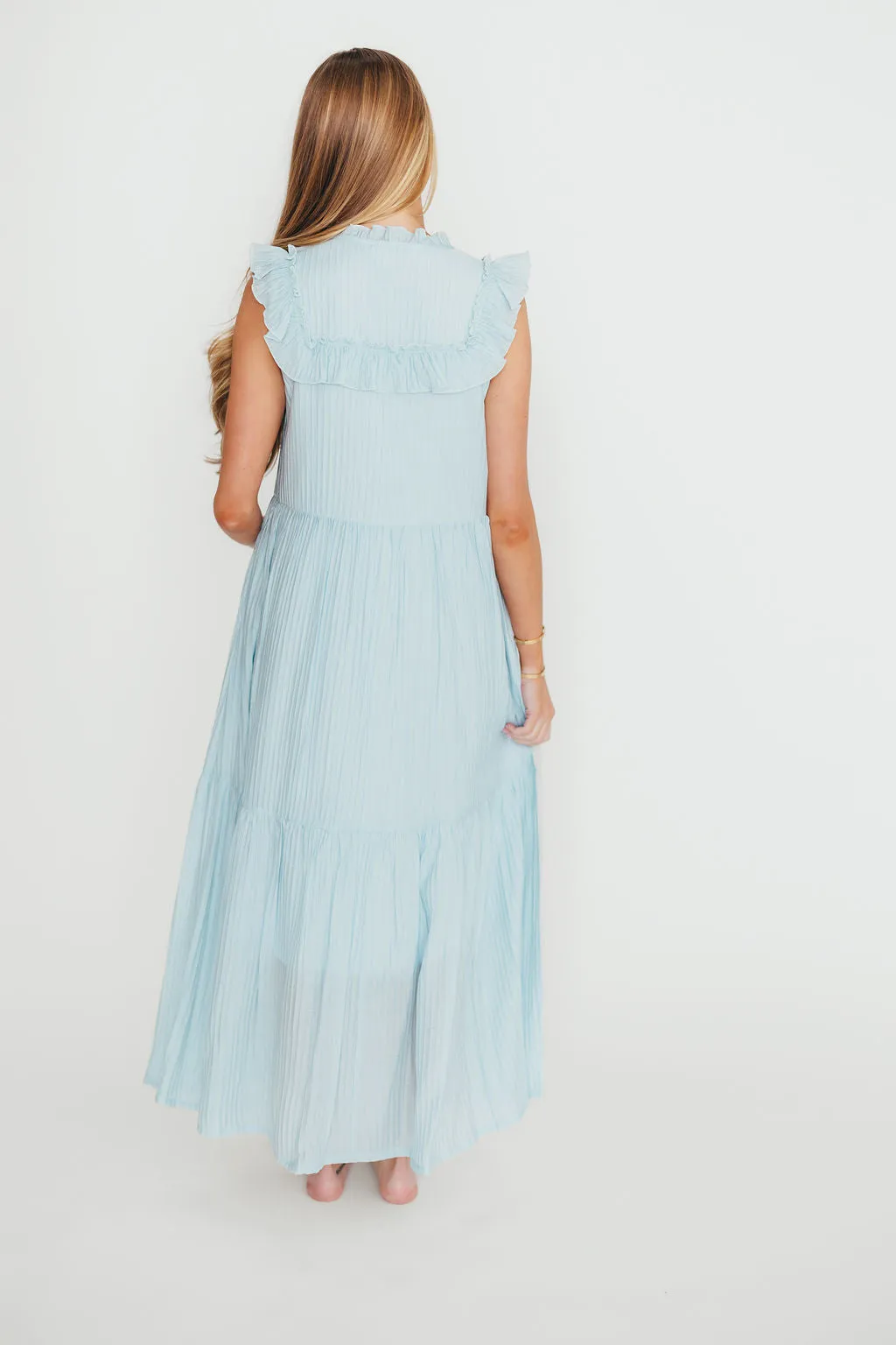 Brynn Ruffle Tiered Midi Dress in Blue