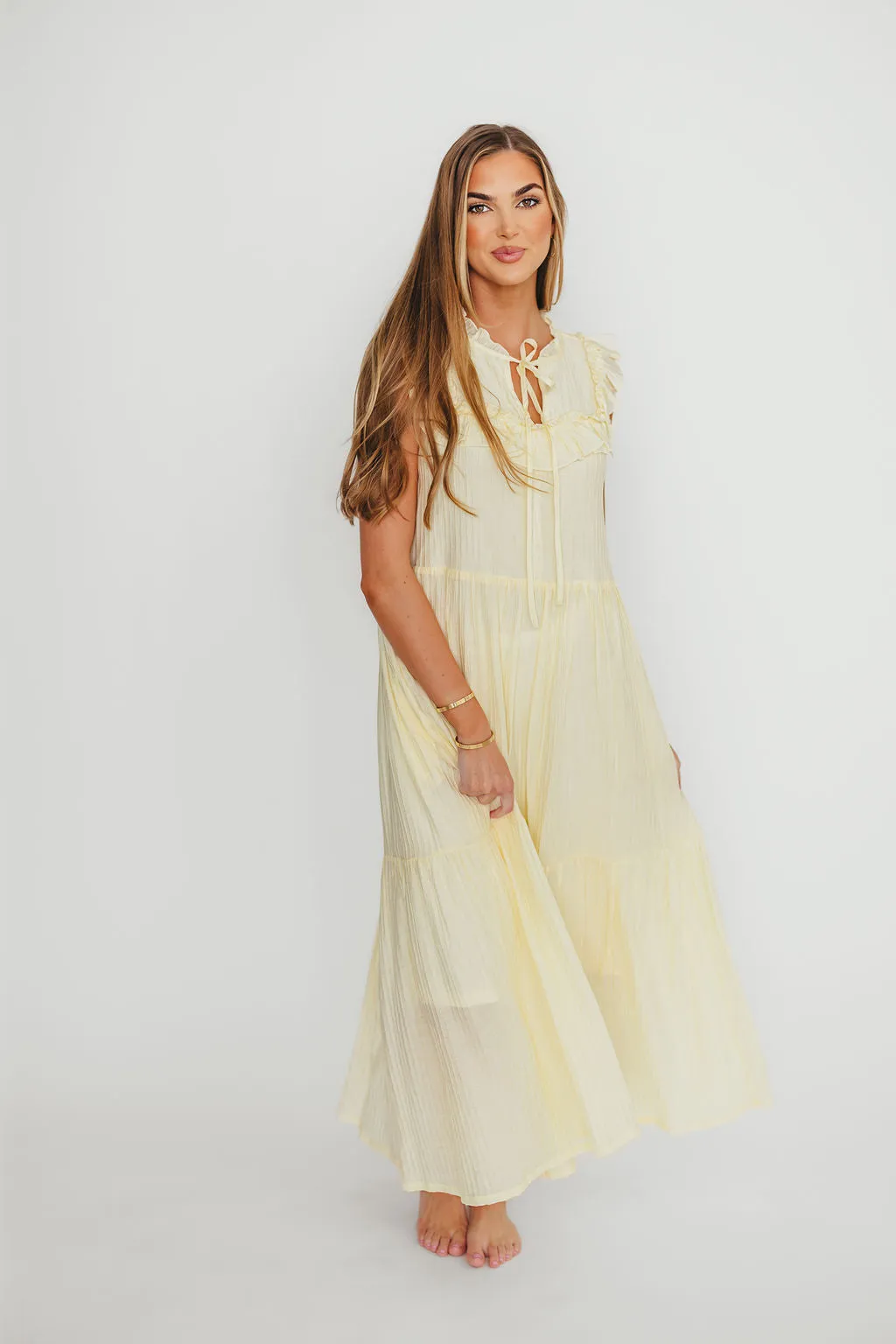 Brynn Ruffle Tiered Midi Dress in Ecru