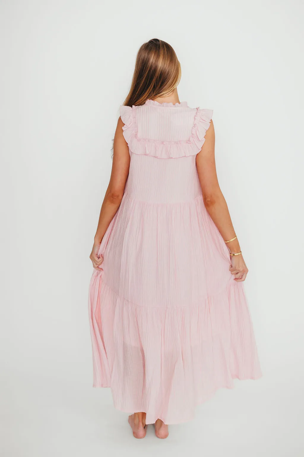 Brynn Ruffle Tiered Midi Dress in Pink