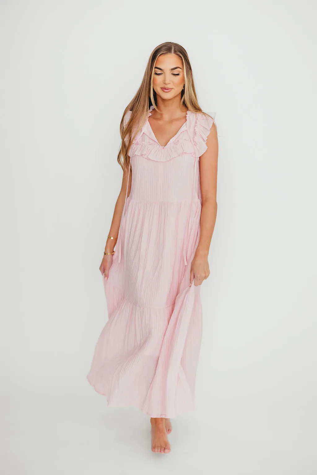 Brynn Ruffle Tiered Midi Dress in Pink