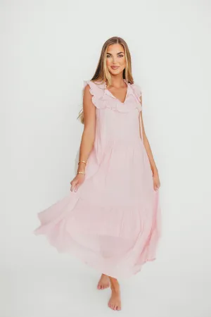Brynn Ruffle Tiered Midi Dress in Pink