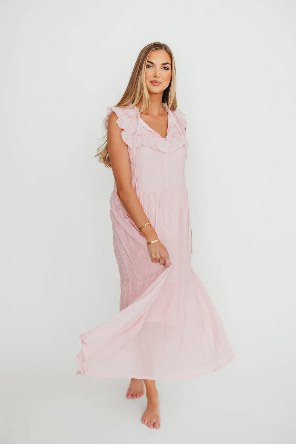 Brynn Ruffle Tiered Midi Dress in Pink