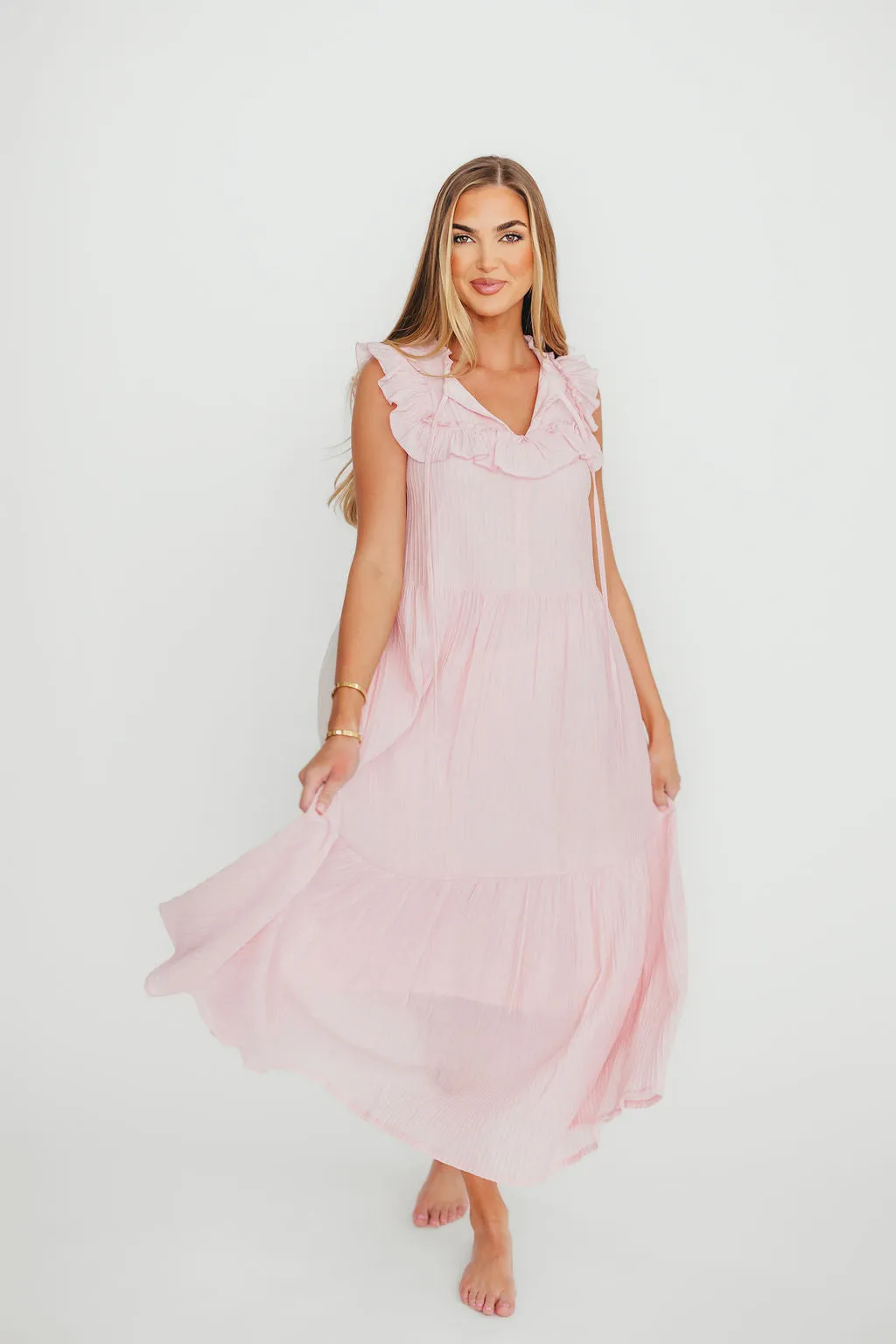 Brynn Ruffle Tiered Midi Dress in Pink