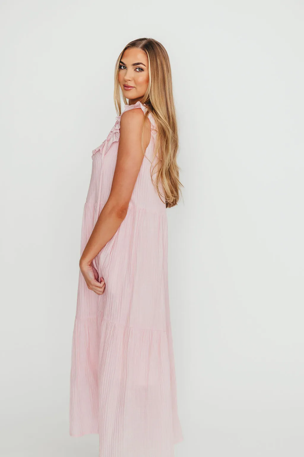 Brynn Ruffle Tiered Midi Dress in Pink