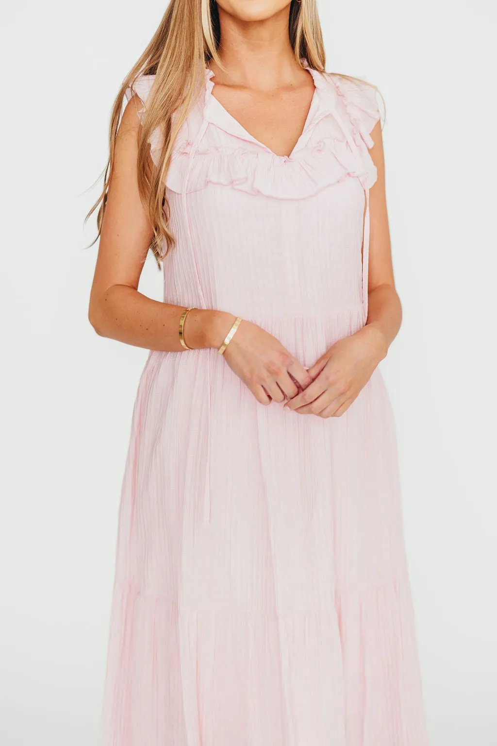Brynn Ruffle Tiered Midi Dress in Pink