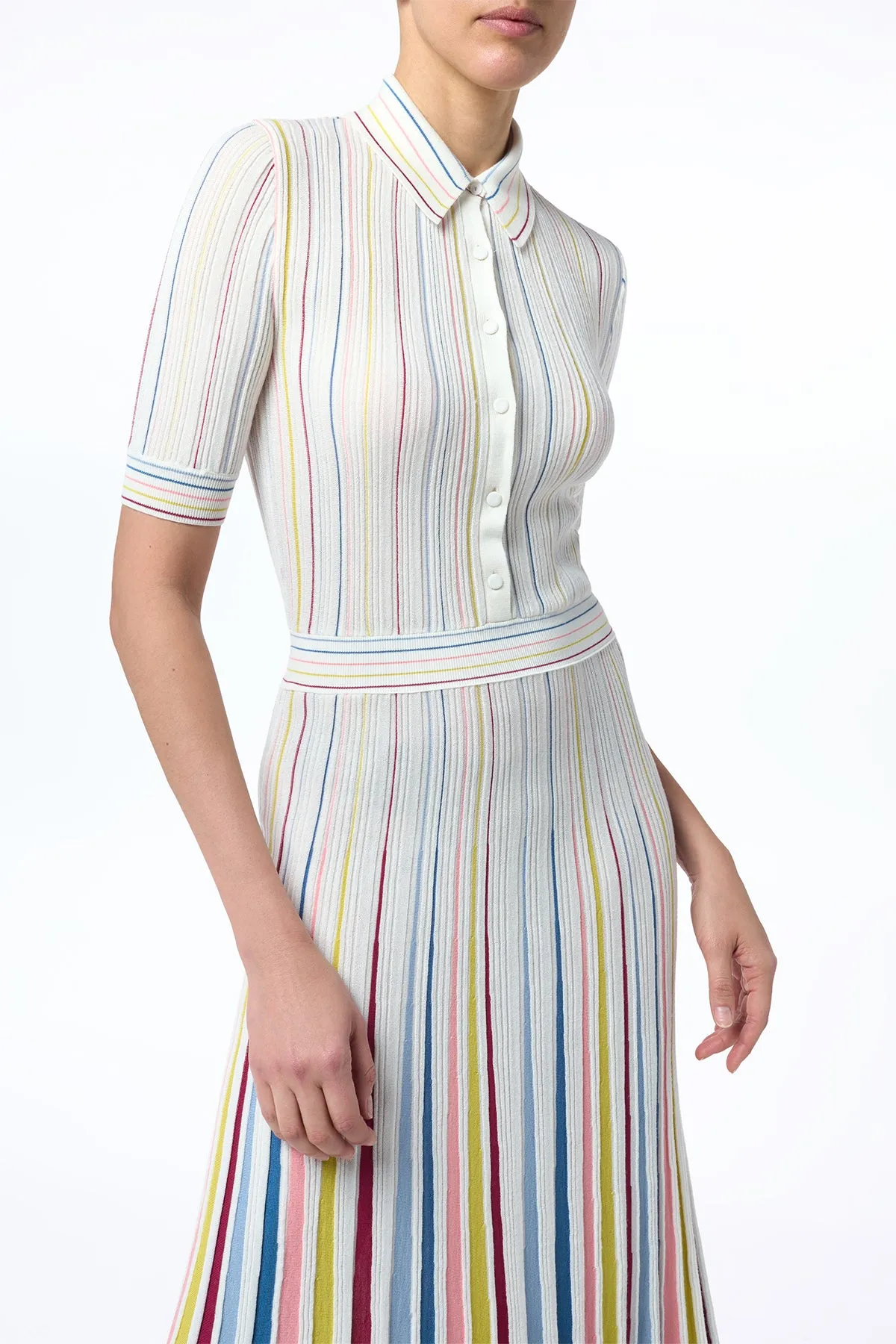 Calypso Pinstripe Knit Midi Dress in Ivory Multi Merino Wool