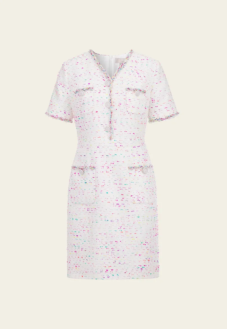 Candy White V-neck Tweed Dress