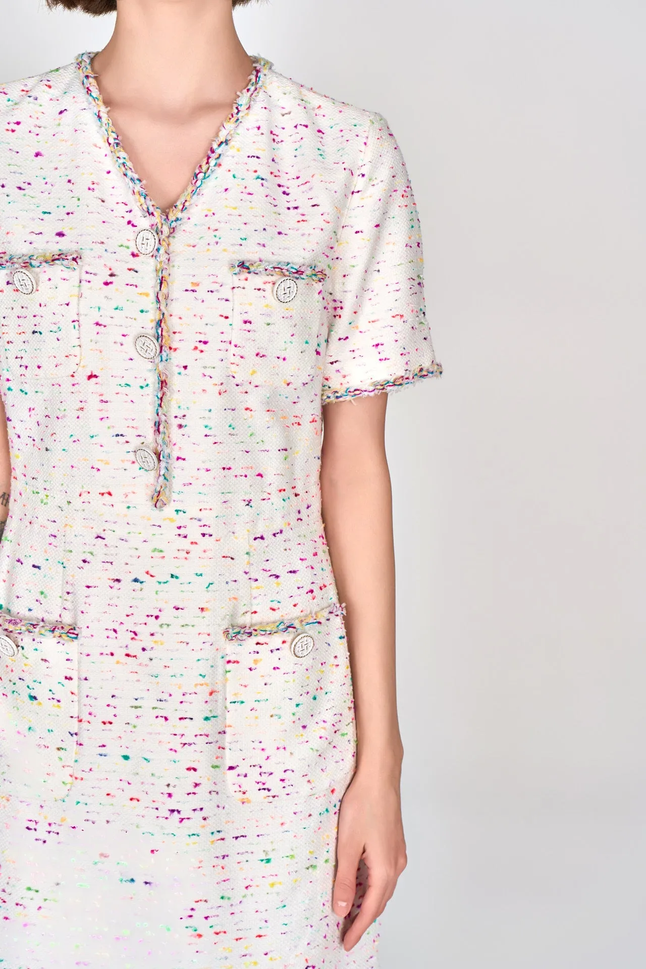 Candy White V-neck Tweed Dress
