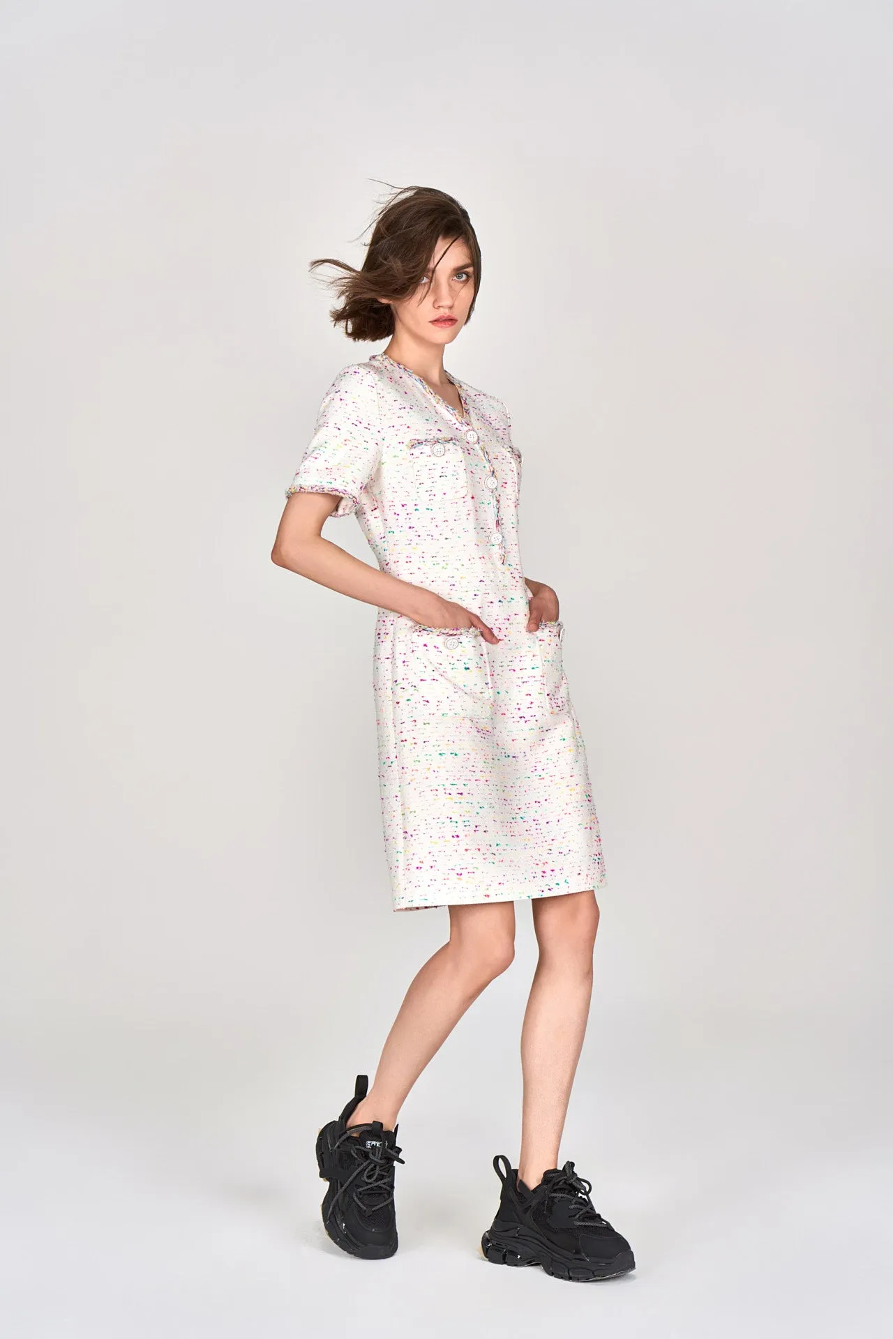 Candy White V-neck Tweed Dress