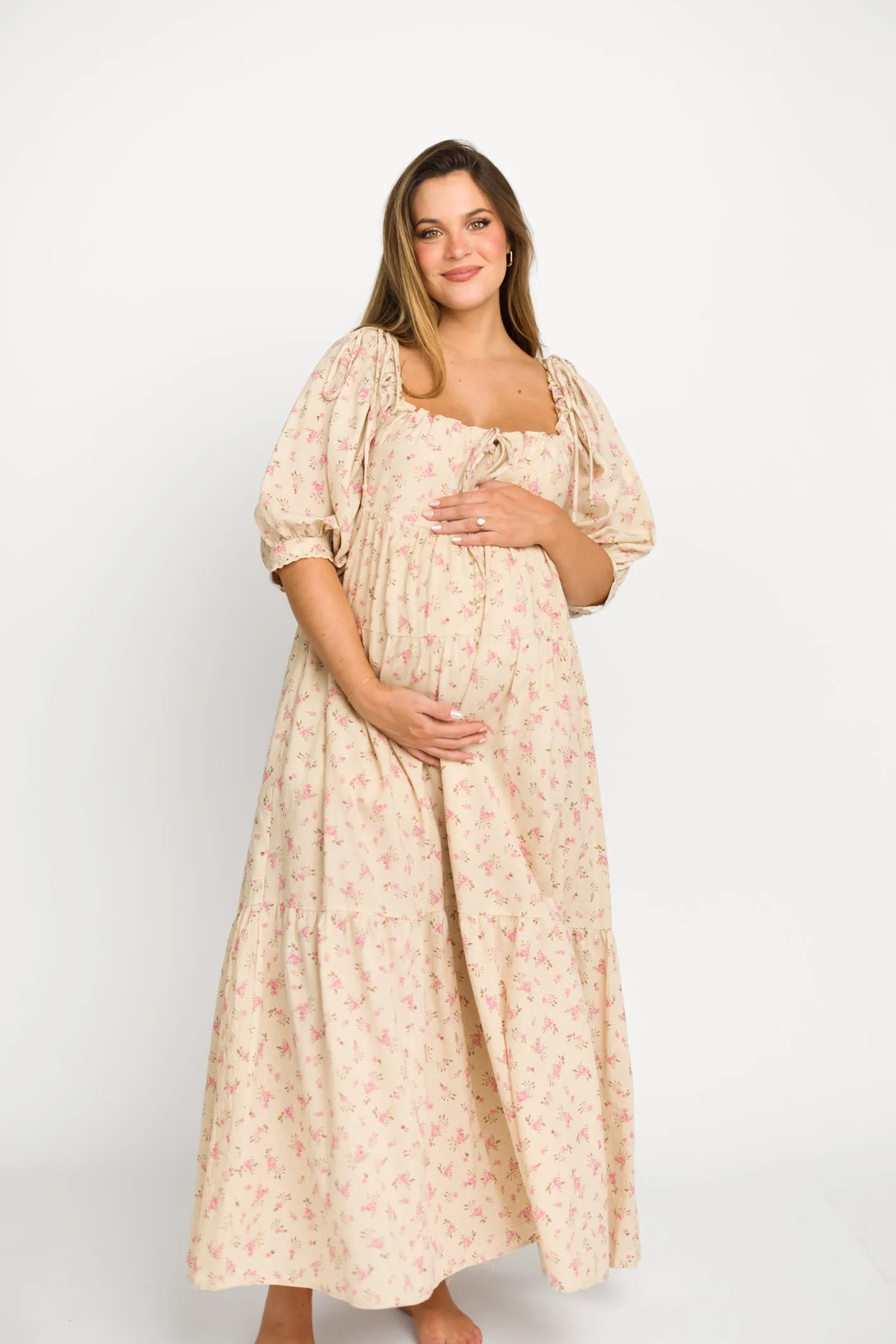 Cara 100% Cotton Maxi Dress in Pink/Brown Floral