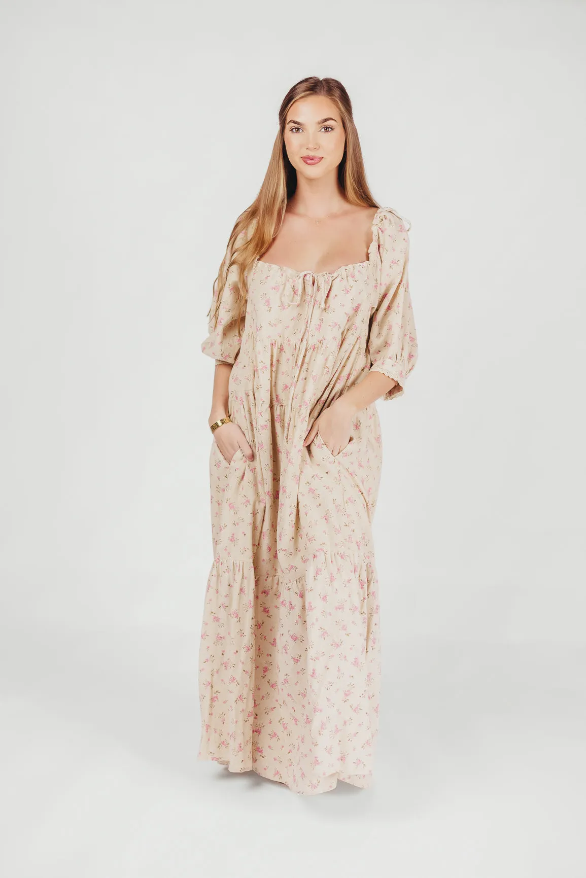 Cara 100% Cotton Maxi Dress in Pink/Brown Floral