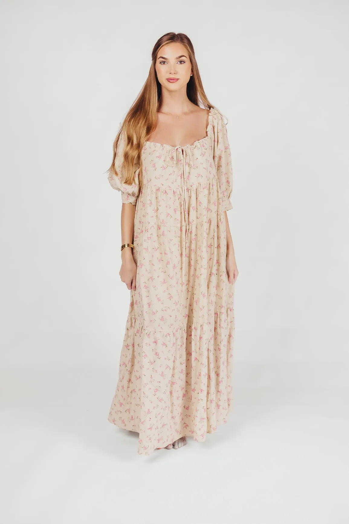 Cara 100% Cotton Maxi Dress in Pink/Brown Floral