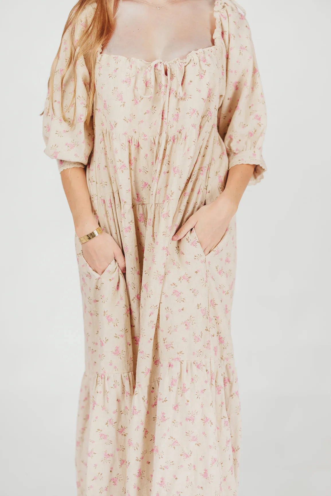 Cara 100% Cotton Maxi Dress in Pink/Brown Floral