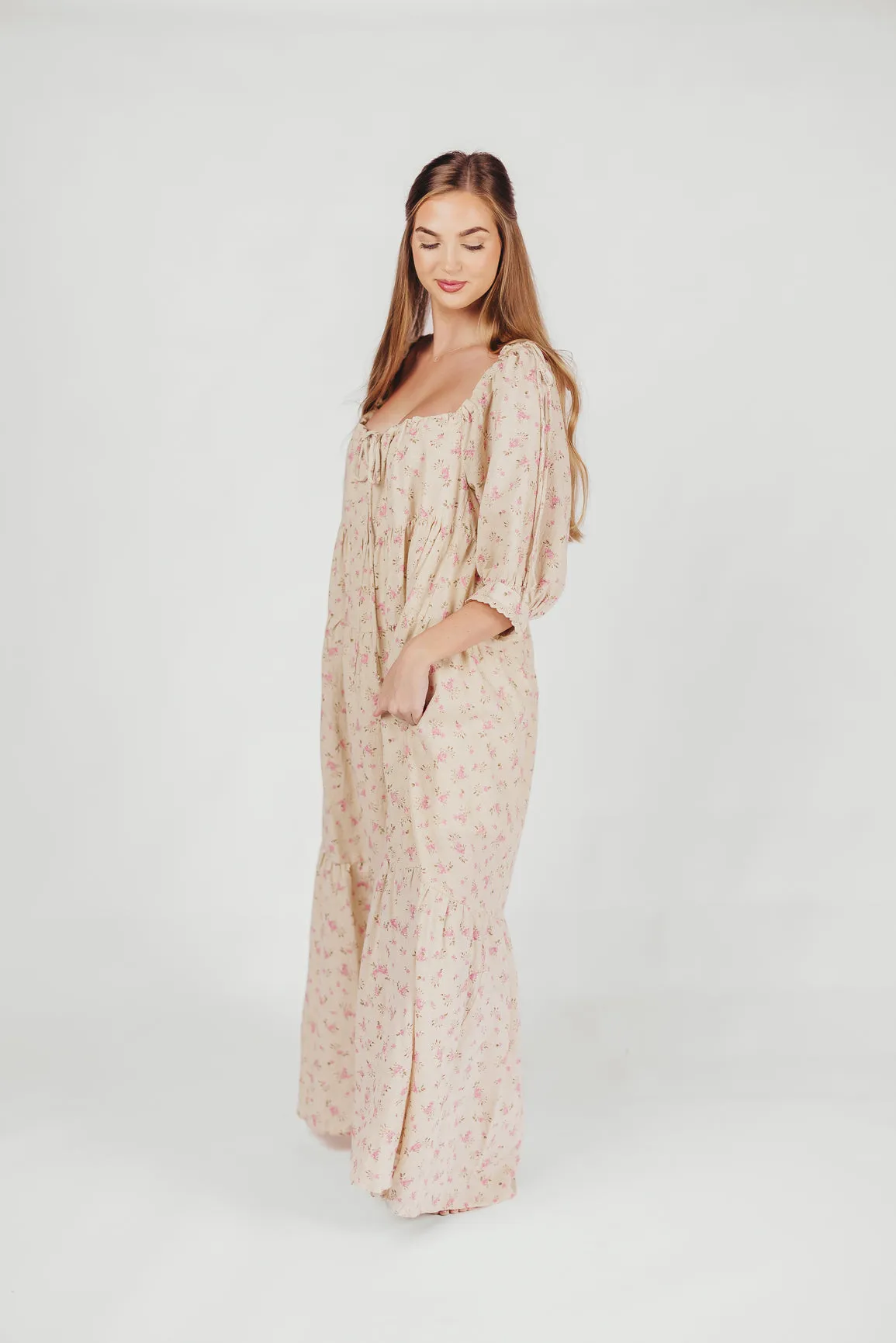 Cara 100% Cotton Maxi Dress in Pink/Brown Floral
