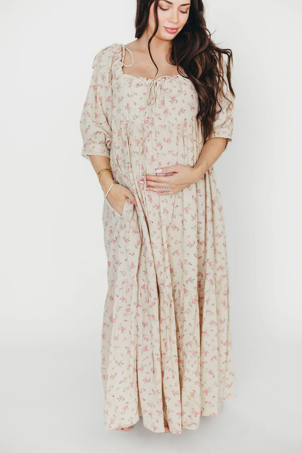 Cara 100% Cotton Maxi Dress in Pink/Brown Floral