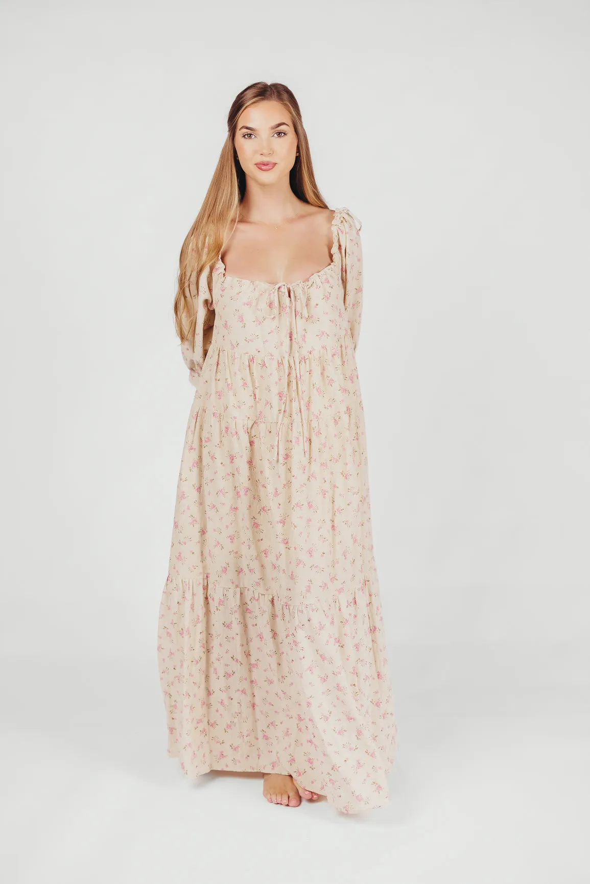Cara 100% Cotton Maxi Dress in Pink/Brown Floral