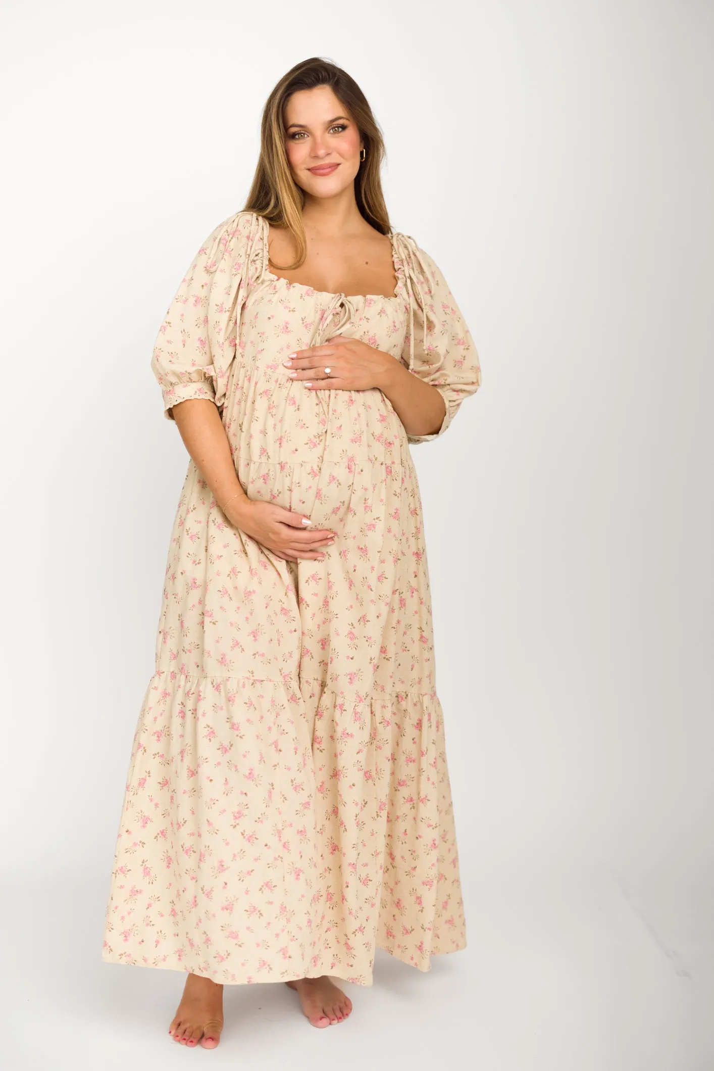 Cara 100% Cotton Maxi Dress in Pink/Brown Floral