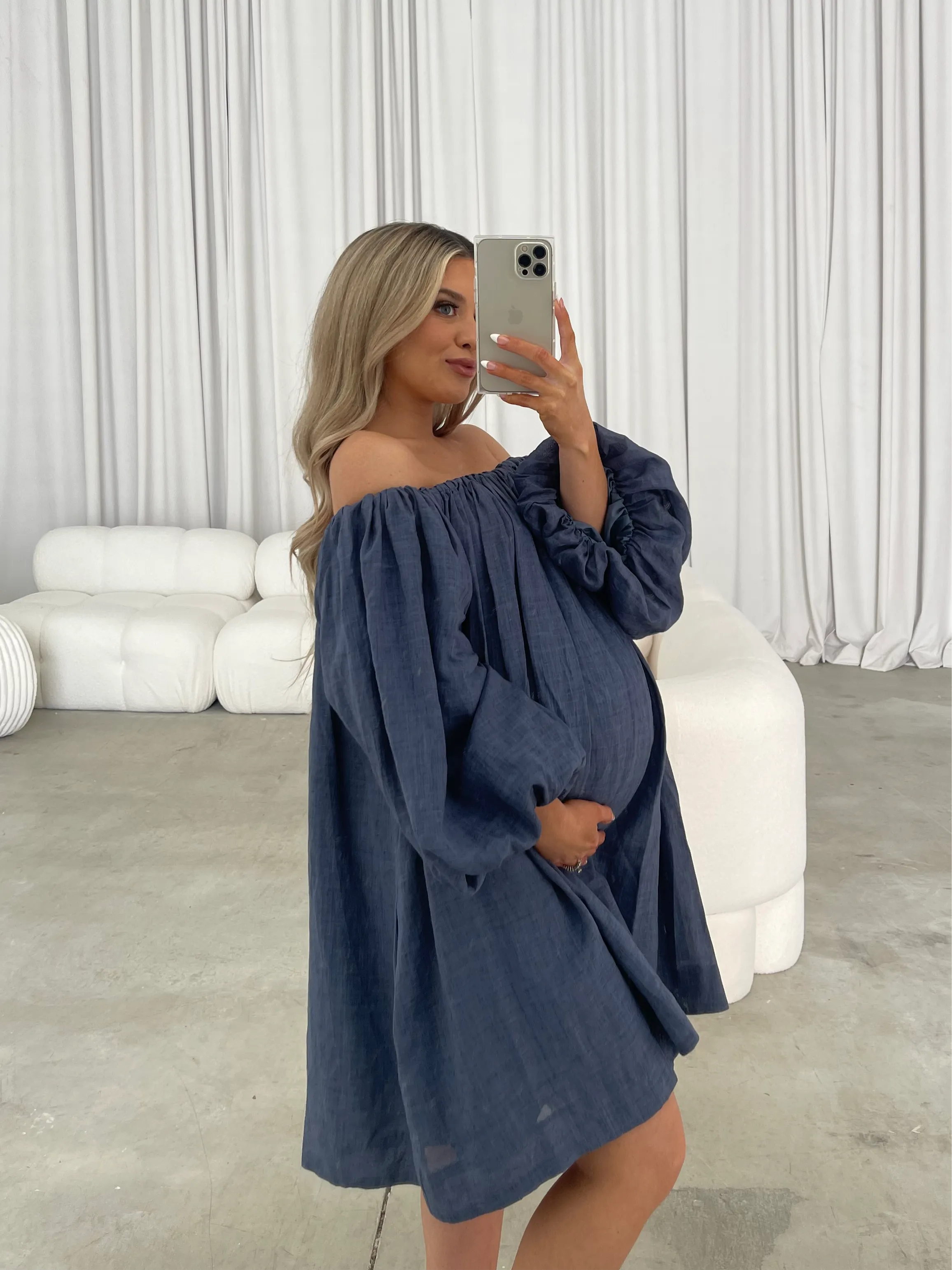 Cassidy 100% Linen On/Off Shoulder Mini Dress in Denim