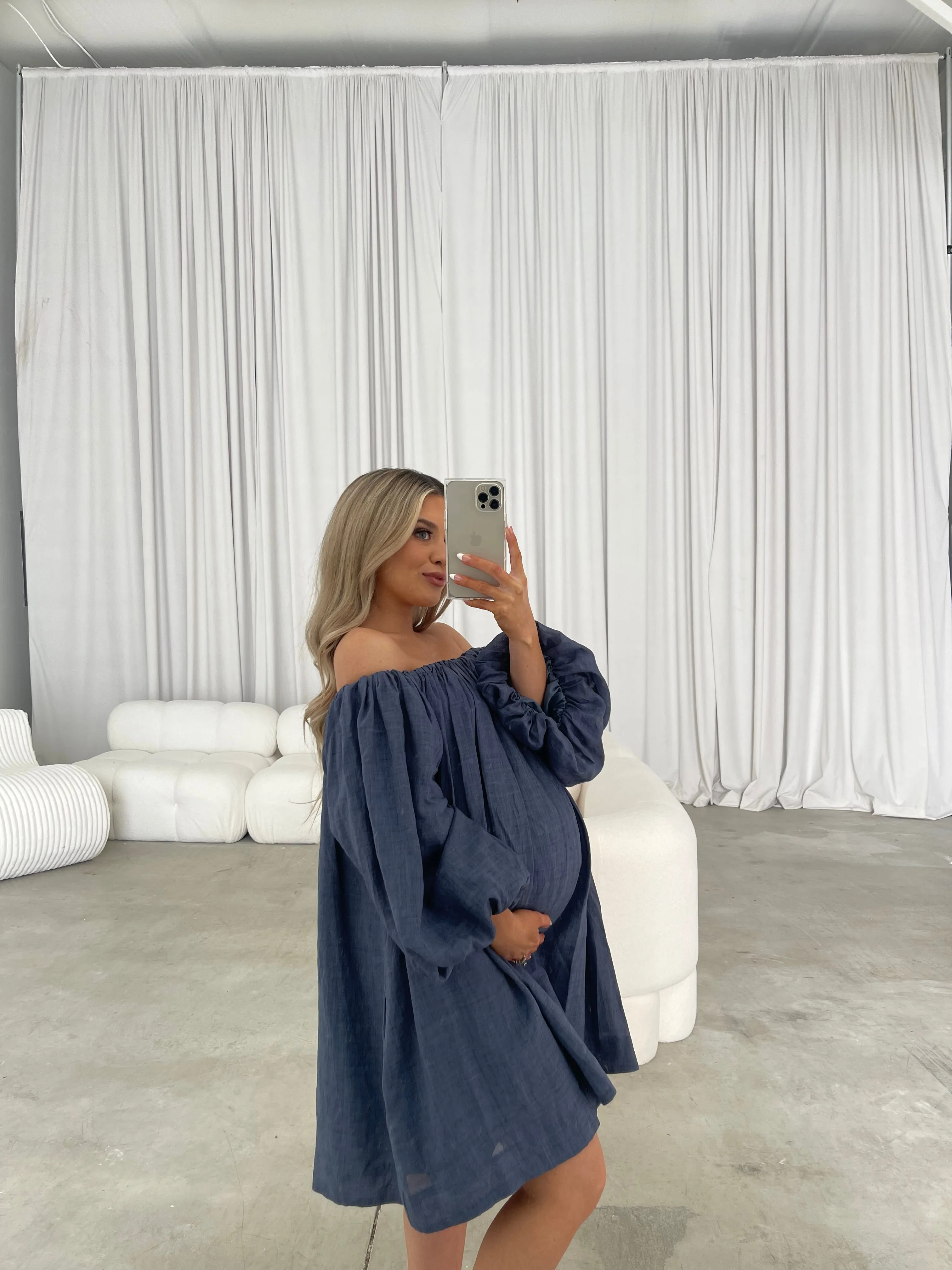 Cassidy 100% Linen On/Off Shoulder Mini Dress in Denim