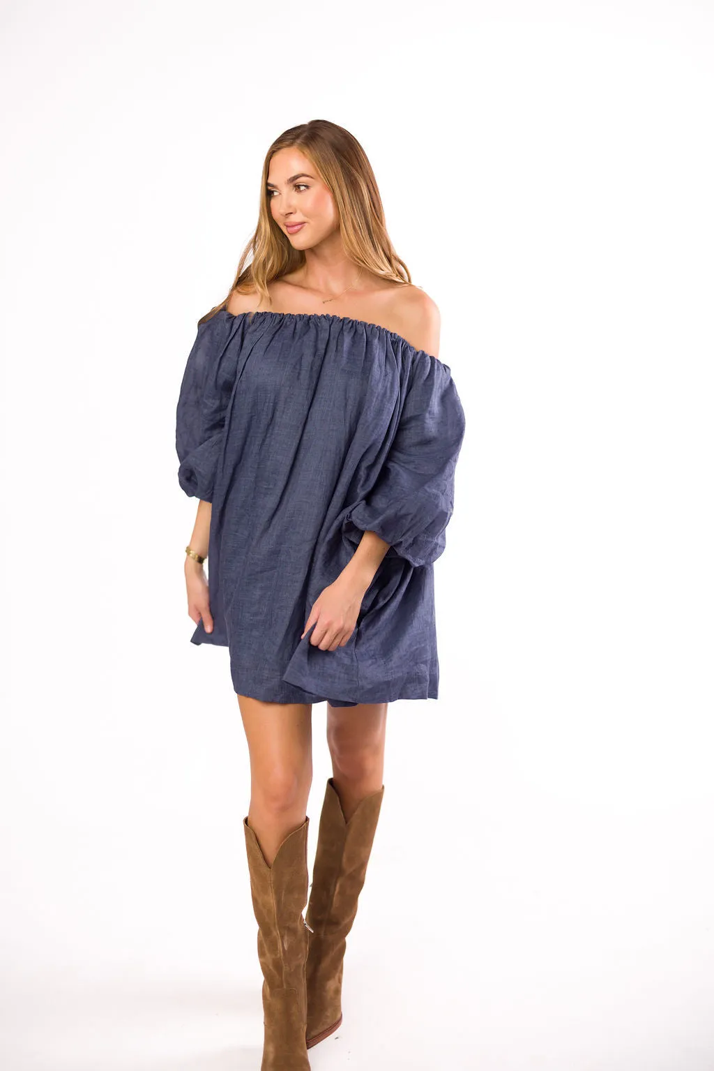 Cassidy 100% Linen On/Off Shoulder Mini Dress in Denim