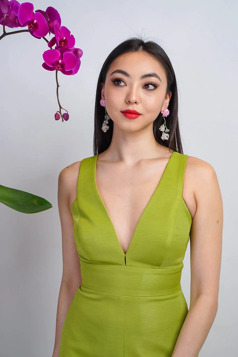 Chartreuse Luxe Slim V Neck Sonaya Gown