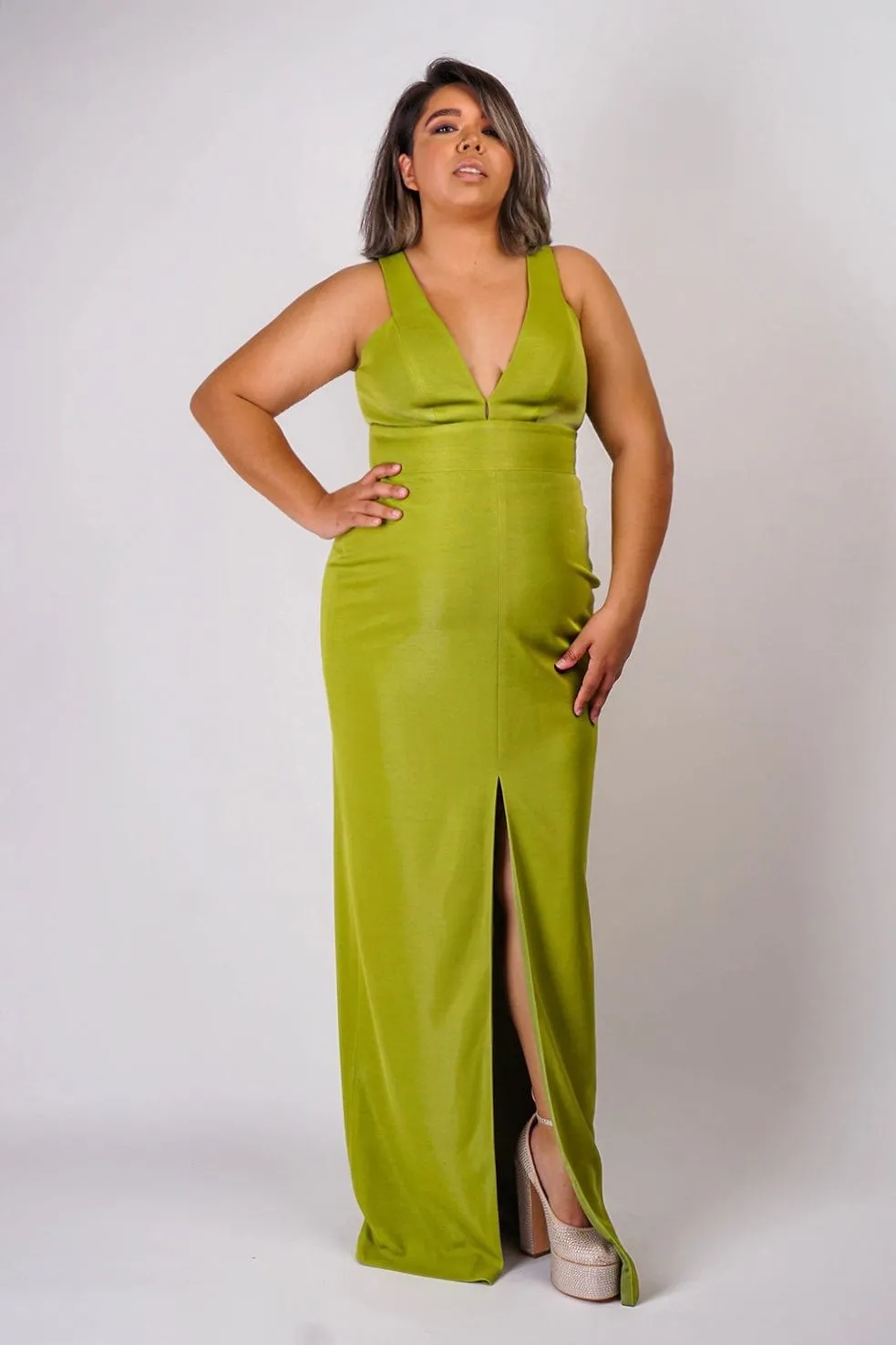 Chartreuse Luxe Slim V Neck Sonaya Gown