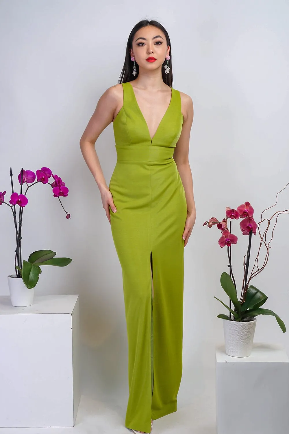 Chartreuse Luxe Slim V Neck Sonaya Gown