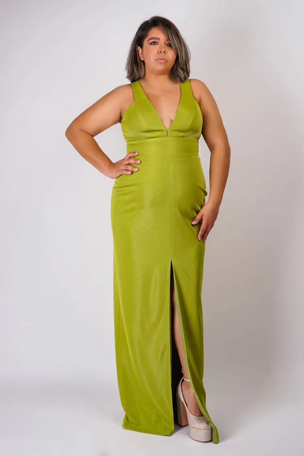 Chartreuse Luxe Slim V Neck Sonaya Gown