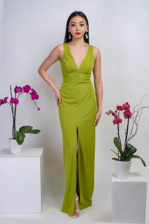 Chartreuse Luxe Slim V Neck Sonaya Gown