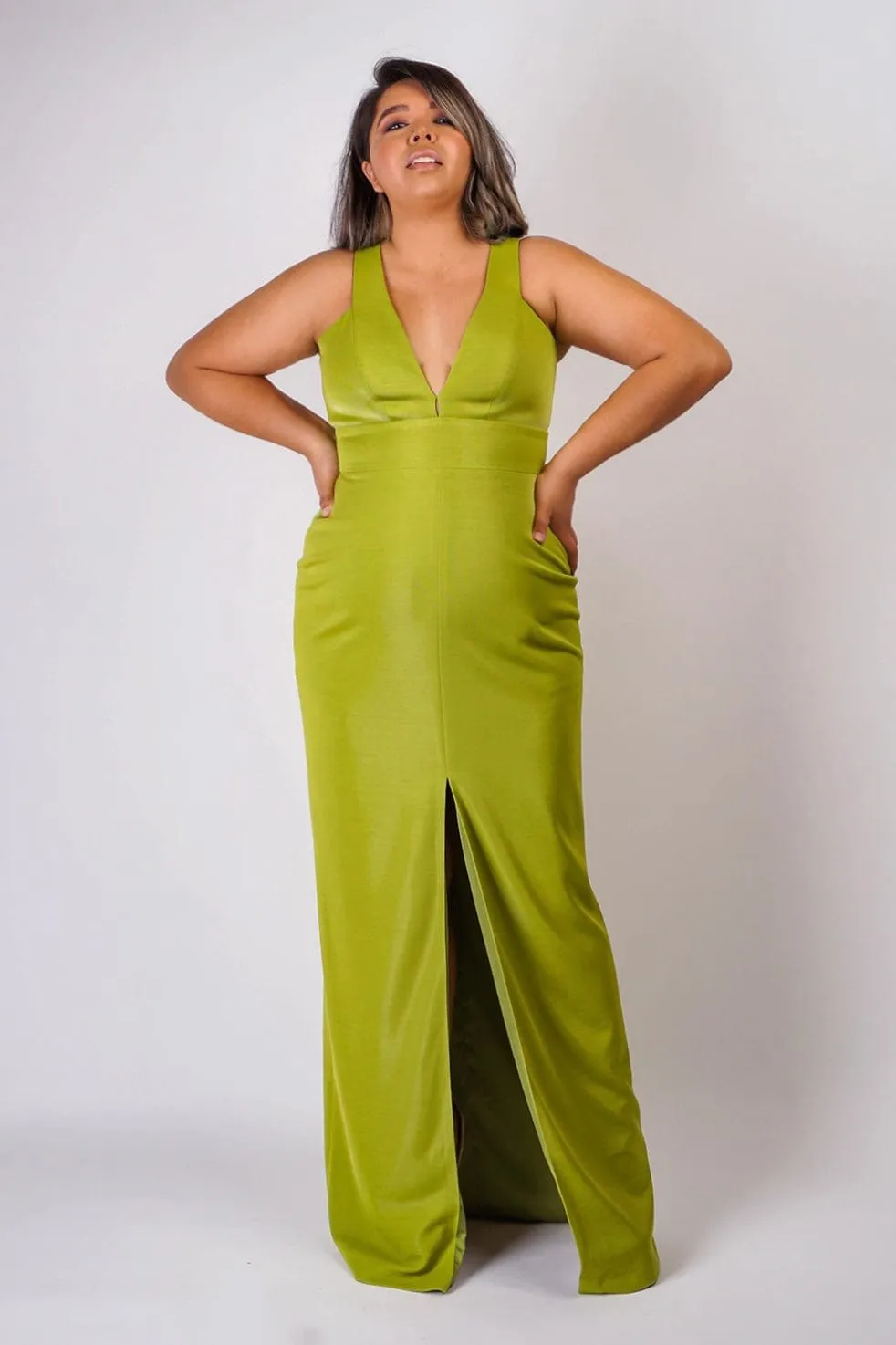 Chartreuse Luxe Slim V Neck Sonaya Gown