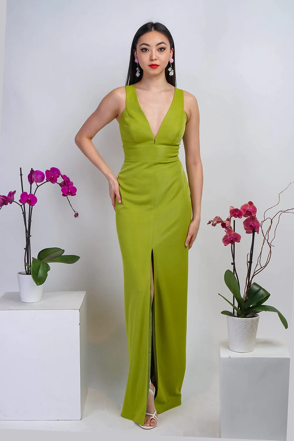 Chartreuse Luxe Slim V Neck Sonaya Gown