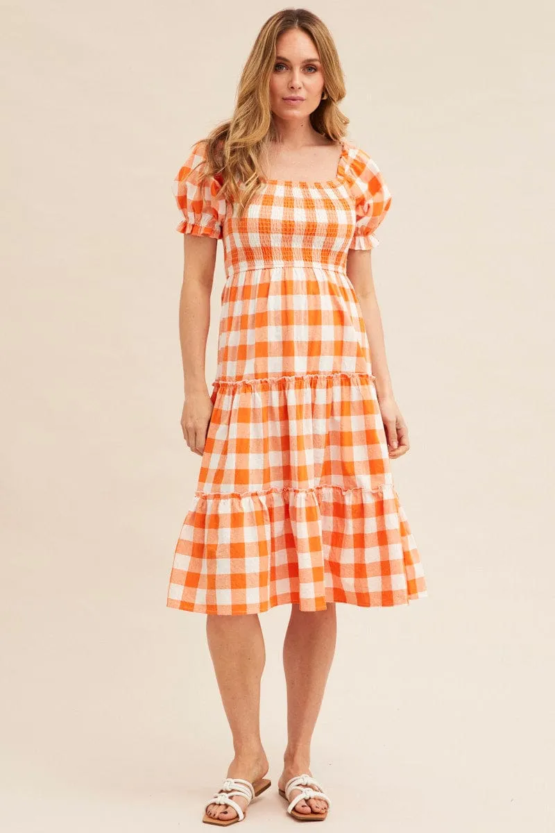 Check Short Sleeve Shirred Midi Dress