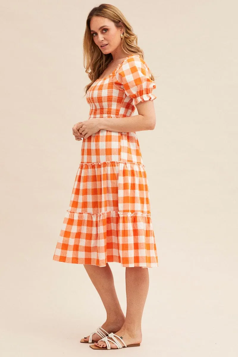 Check Short Sleeve Shirred Midi Dress