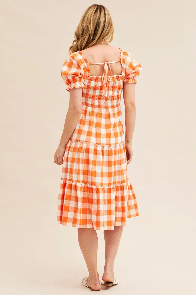 Check Short Sleeve Shirred Midi Dress