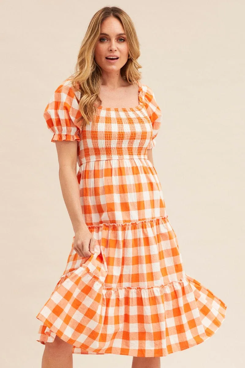 Check Short Sleeve Shirred Midi Dress