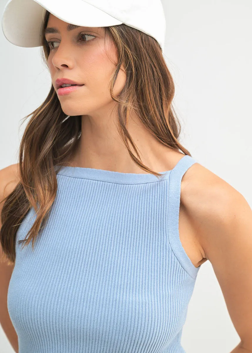 Chelsea Knit Ribbed High-Neck Tank - Blue