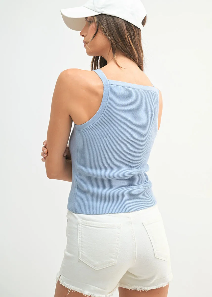 Chelsea Knit Ribbed High-Neck Tank - Blue