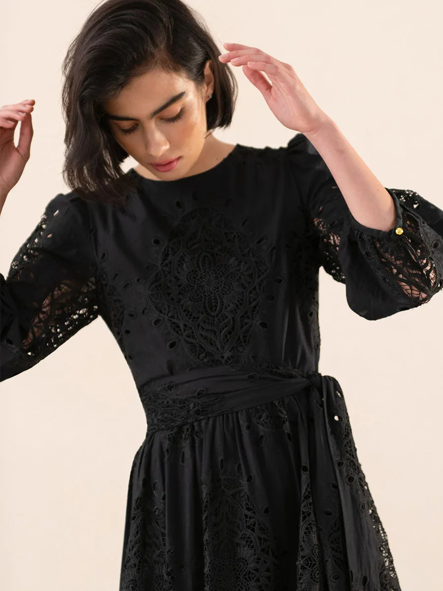Constance Broderie Anglaise Midi Dress - Black - SALE