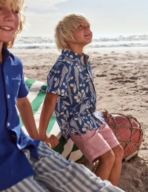 Cotton Linen Shirt-Blue Parrot Palm