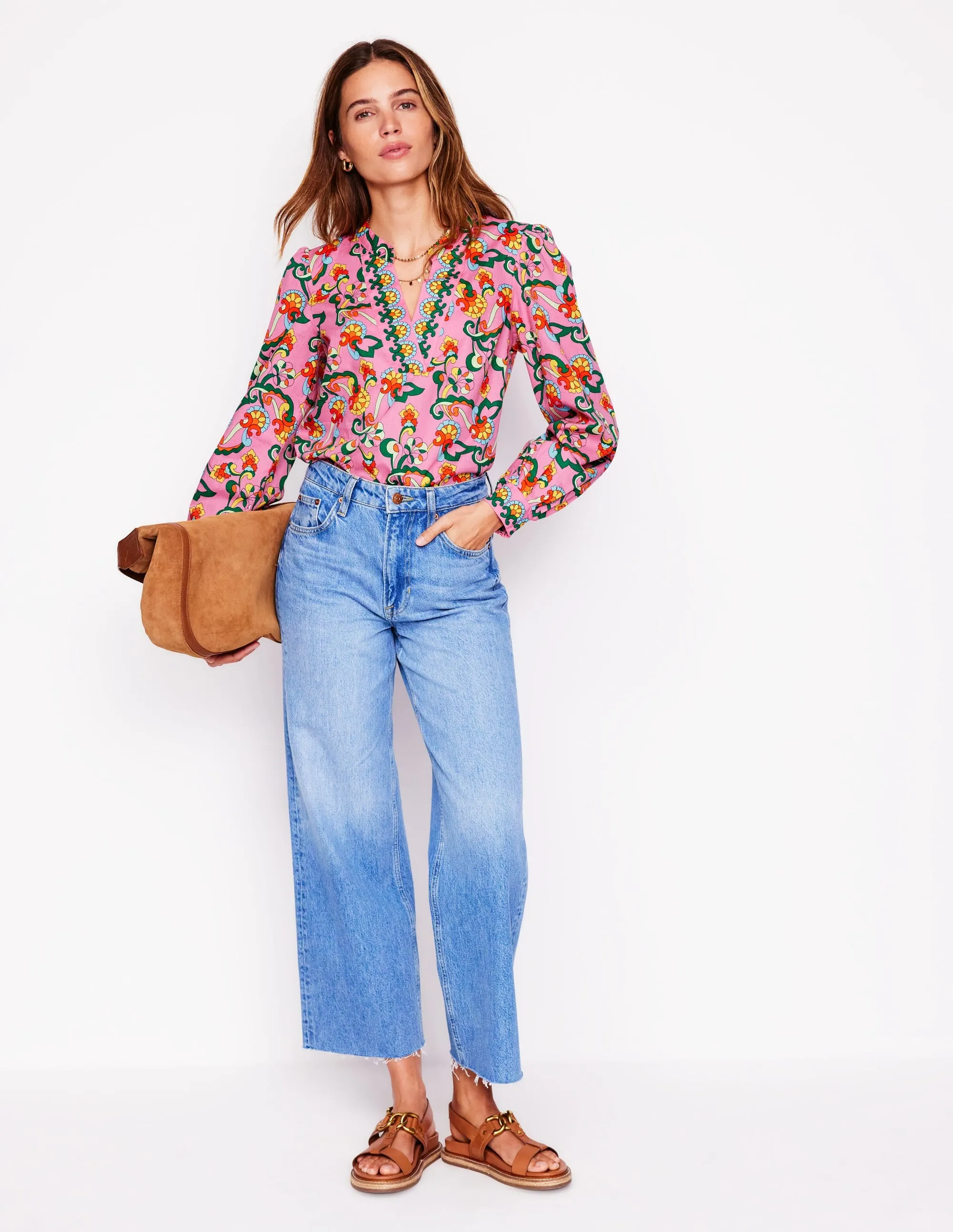 Cotton Notch Neck Top-Pink Rose. Foliage Trail