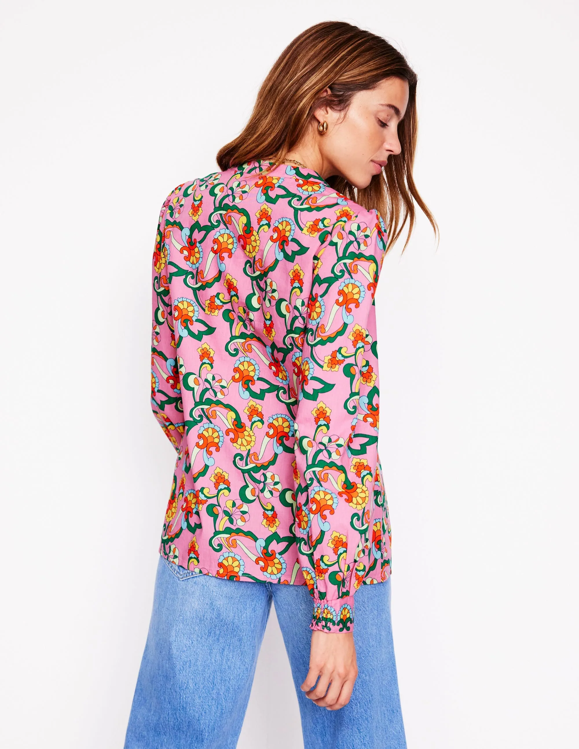 Cotton Notch Neck Top-Pink Rose. Foliage Trail