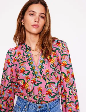 Cotton Notch Neck Top-Pink Rose. Foliage Trail