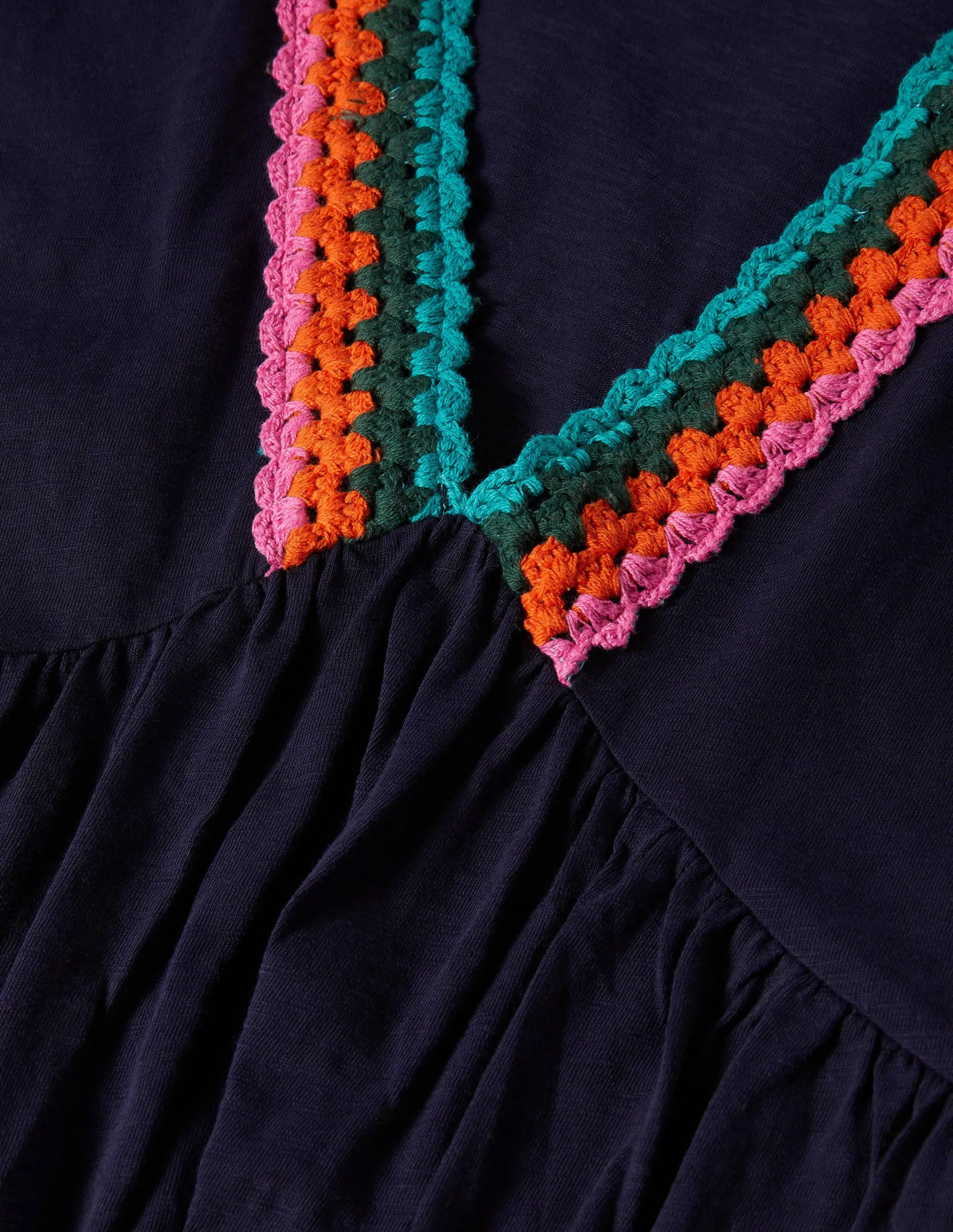 Crochet Trim Jersey Dress-Navy