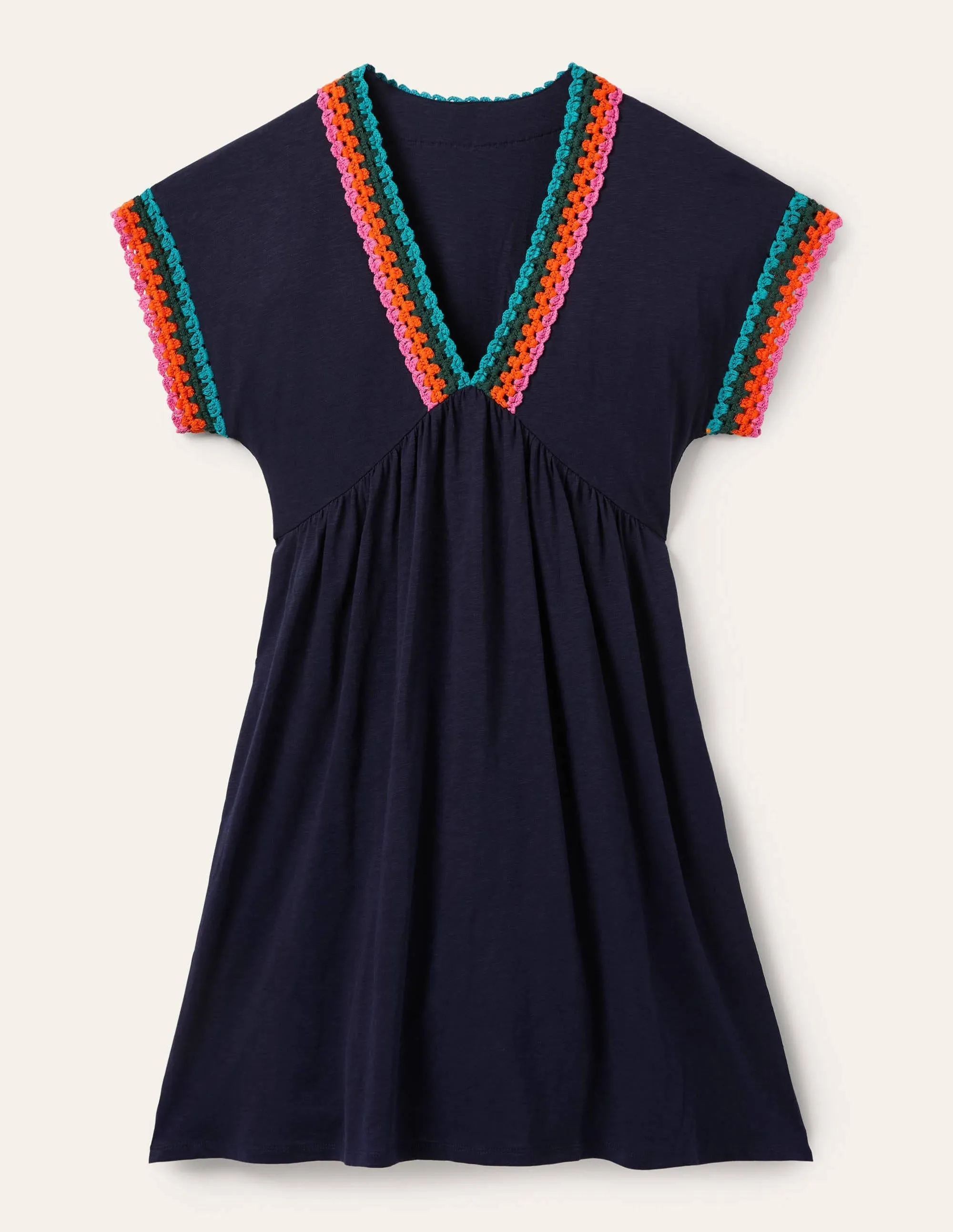 Crochet Trim Jersey Dress-Navy