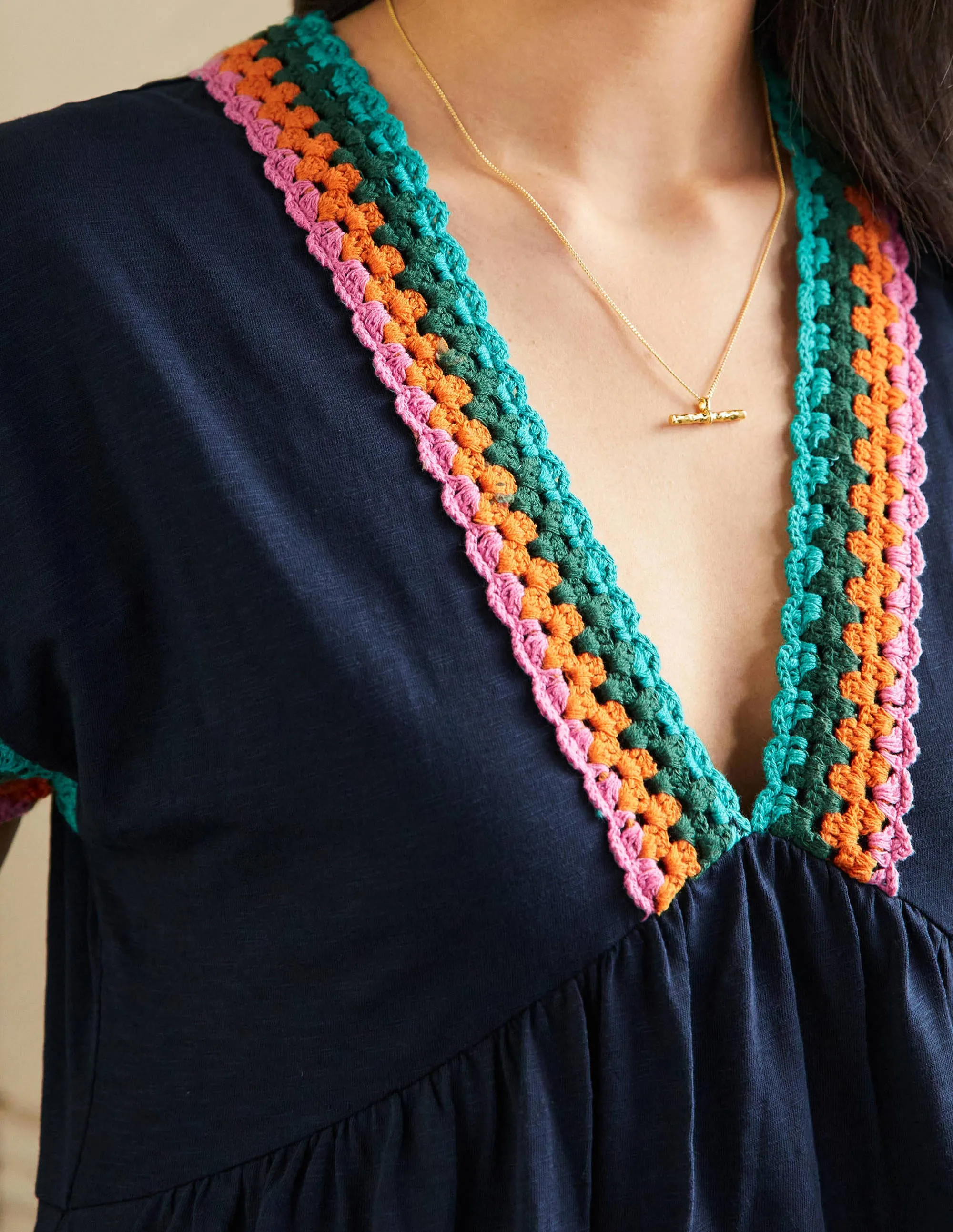Crochet Trim Jersey Dress-Navy
