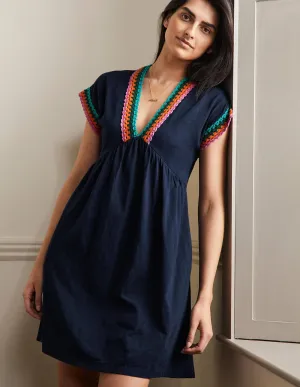 Crochet Trim Jersey Dress-Navy