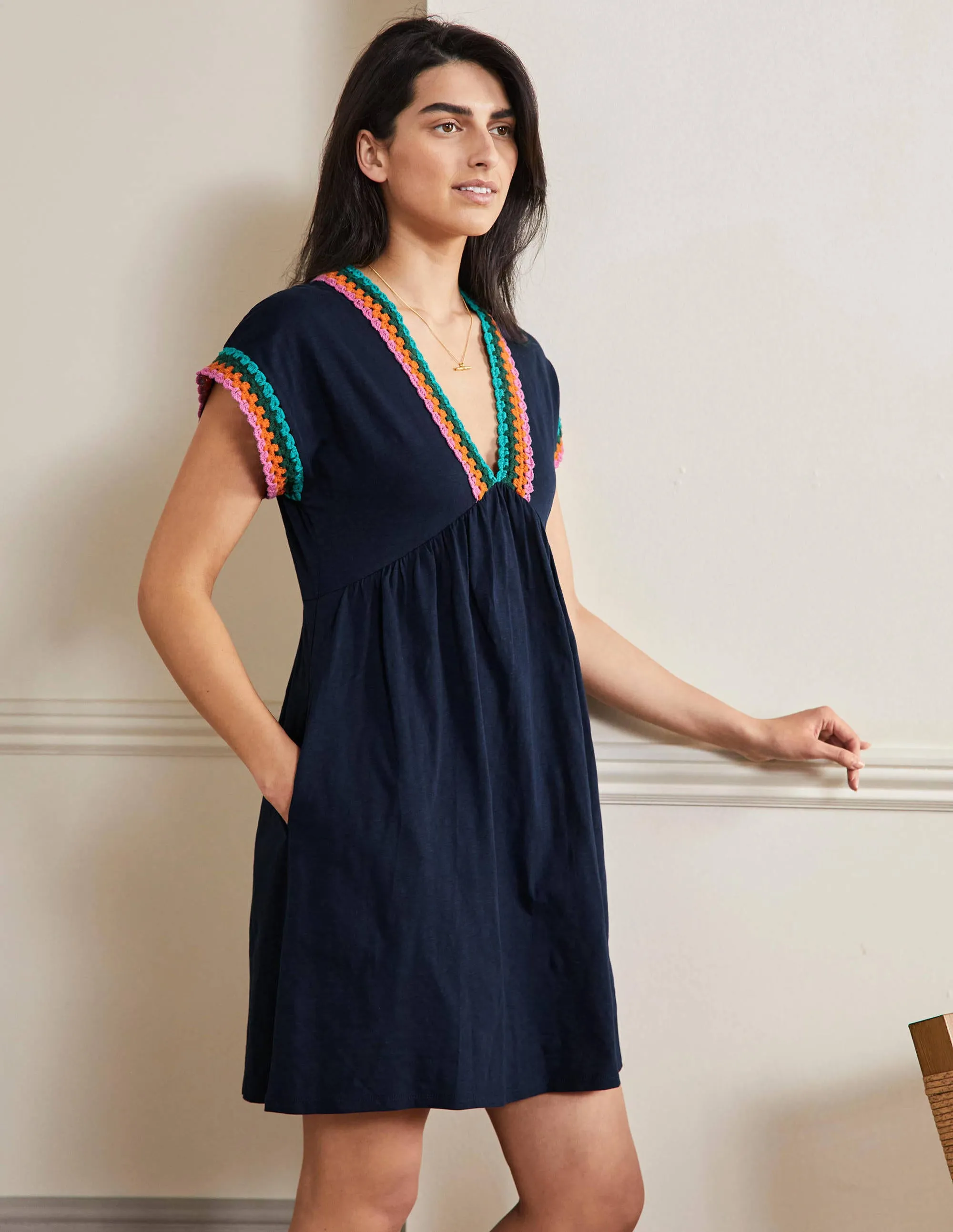 Crochet Trim Jersey Dress-Navy