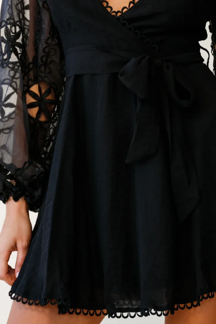 Dali Embroidered Chiffon Balloon Sleeve Dress Black