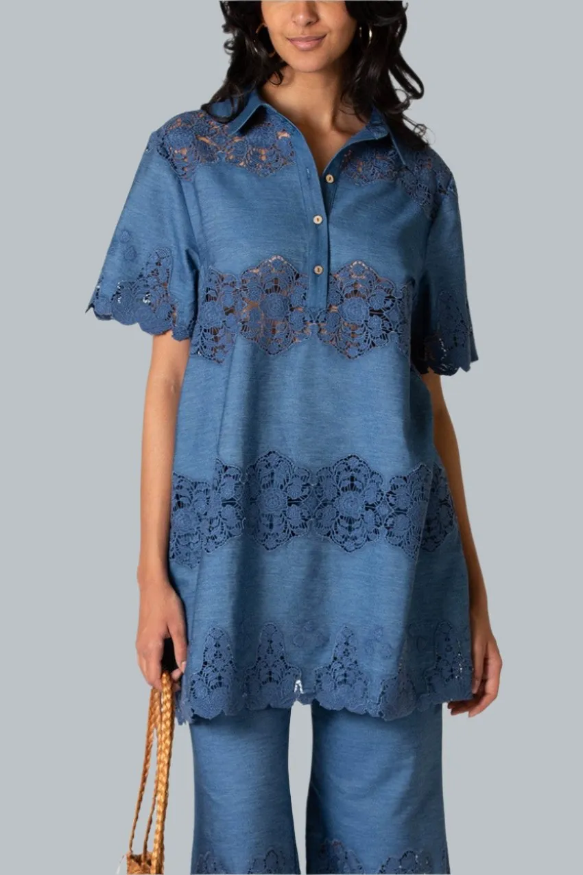 Elle Embroidered Tunic Dress in Indigo Denim