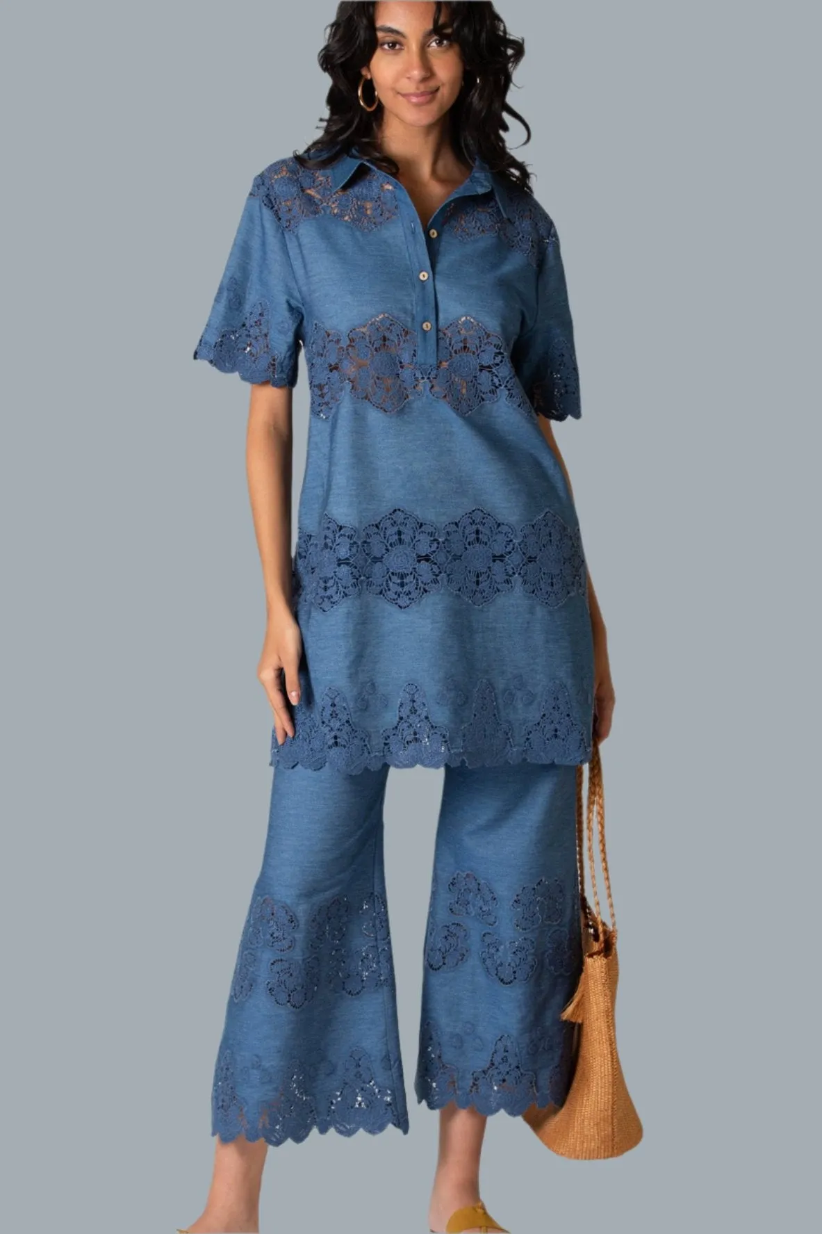 Elle Embroidered Tunic Dress in Indigo Denim